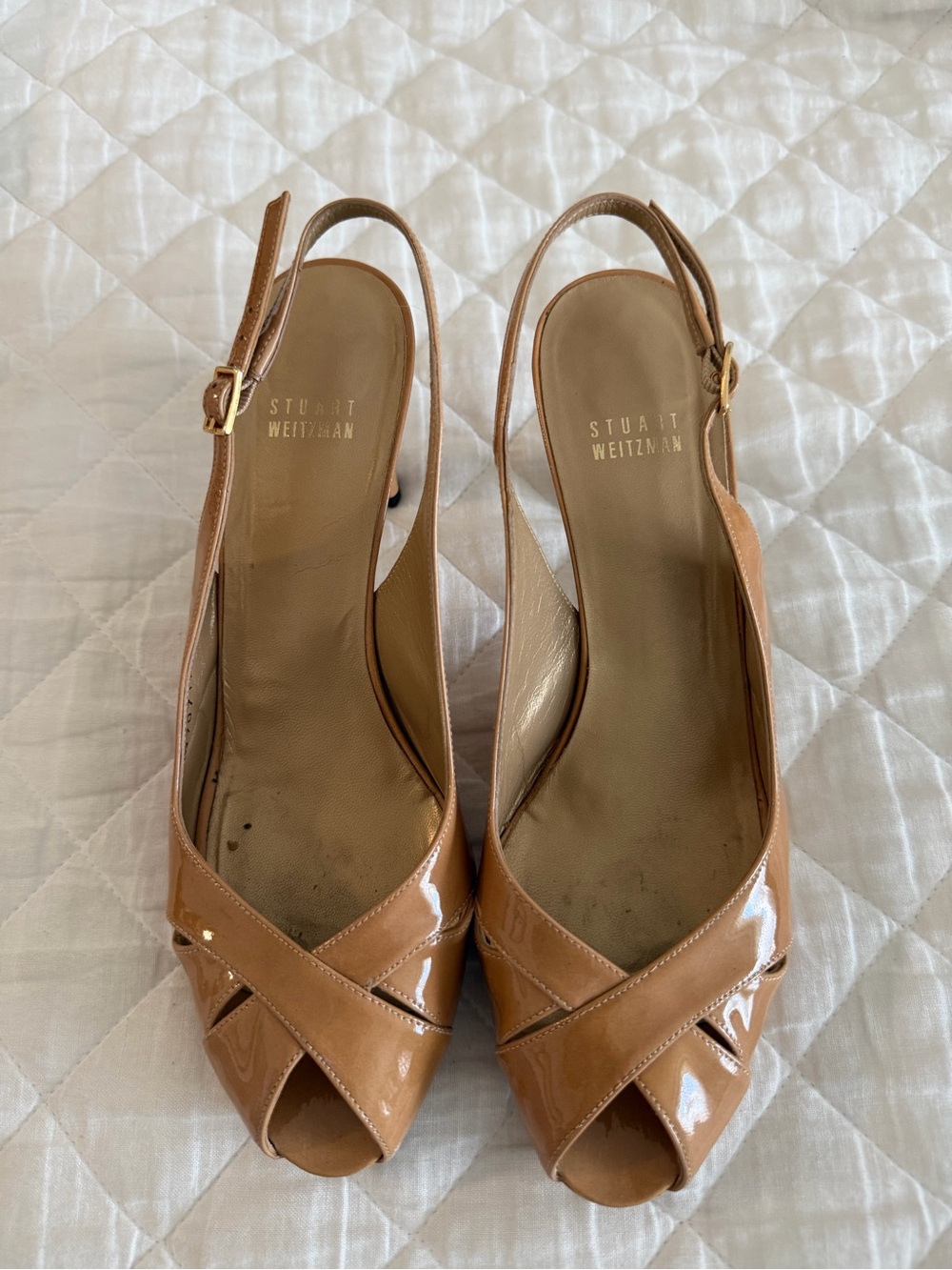Stuart Weitzman Nude/Tan Patent Leather Slingback Peep-Toe Heels